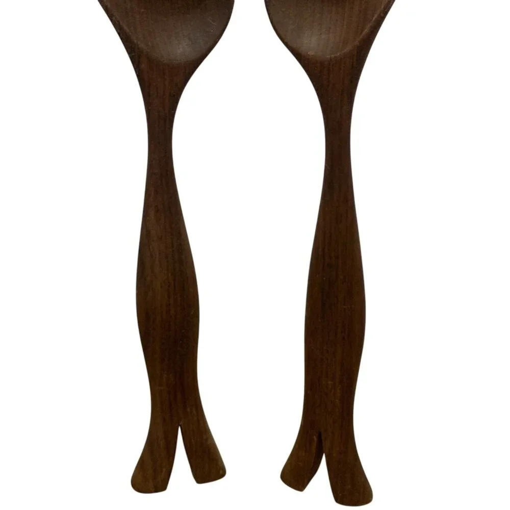 Artisan MCM Walnut Wood Salad Servers - Handcrafted Elegance Dances with Arugula